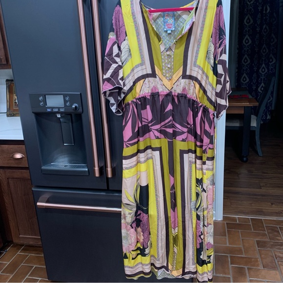 XL Johnny Was Echo Tahlia Silk Dress Yellow Multi - Picture 9 of 10